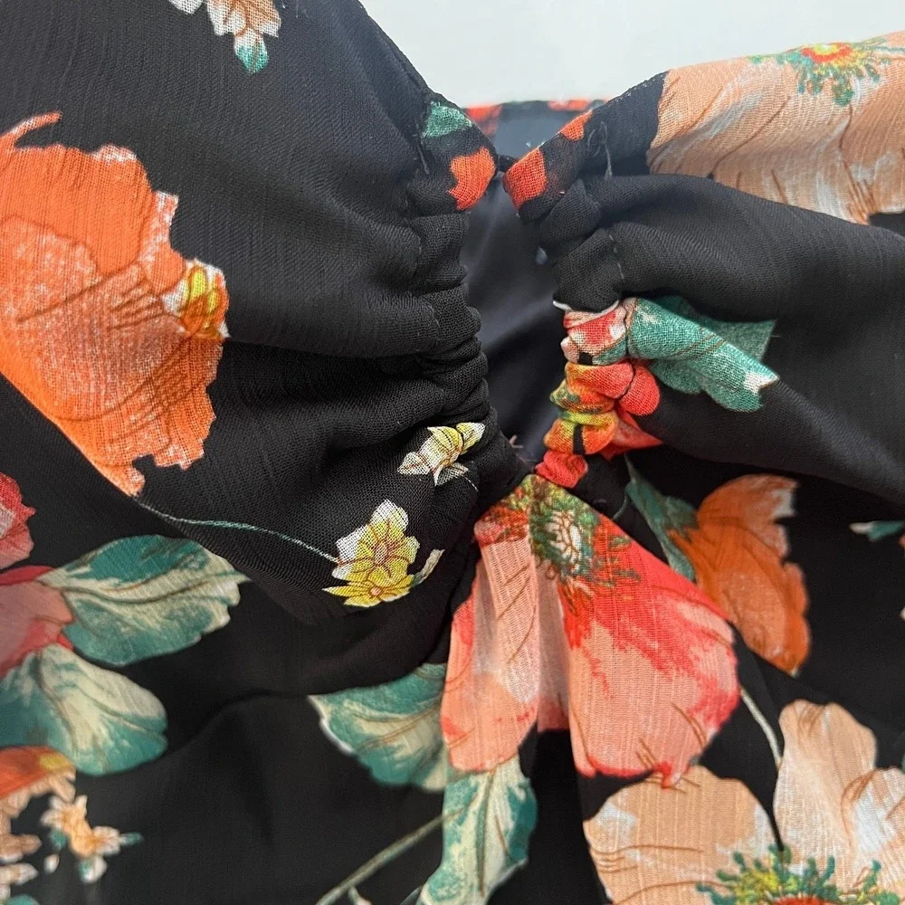 Floral Babydoll Mini Dress M Black Keyhole Bust Sheer Sleeve Boho Fairy Romantic